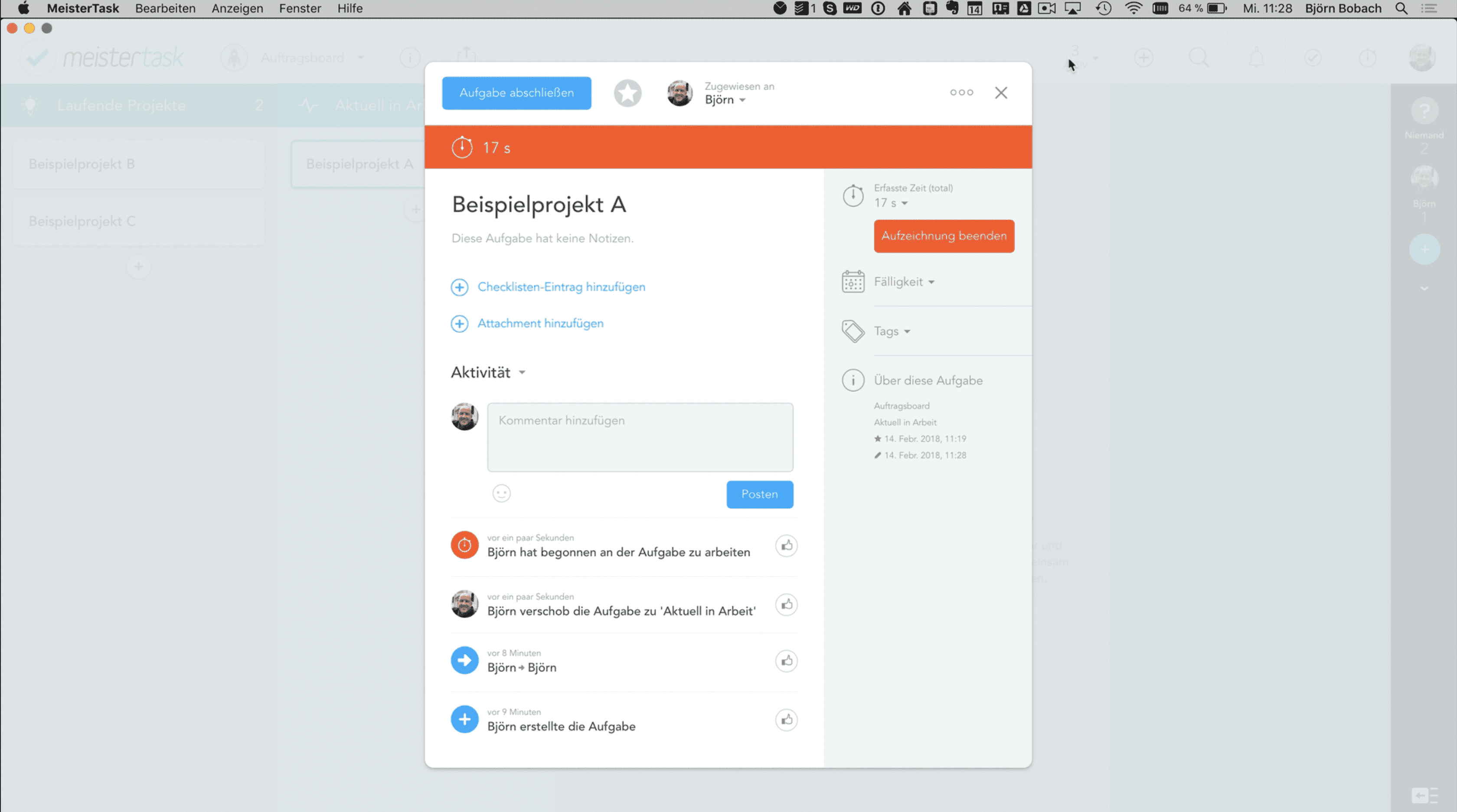 Screenshot MeisterTask mit aktiver Zeiterfassung