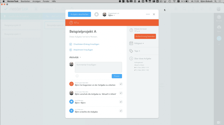 Bildschirmfoto 2018-02-17 um 13.18.58 | Professionelles Coaching in Düsseldorf – Bobach Coaching & Consulting Screenshot MeisterTask mit aktiver Zeiterfassung