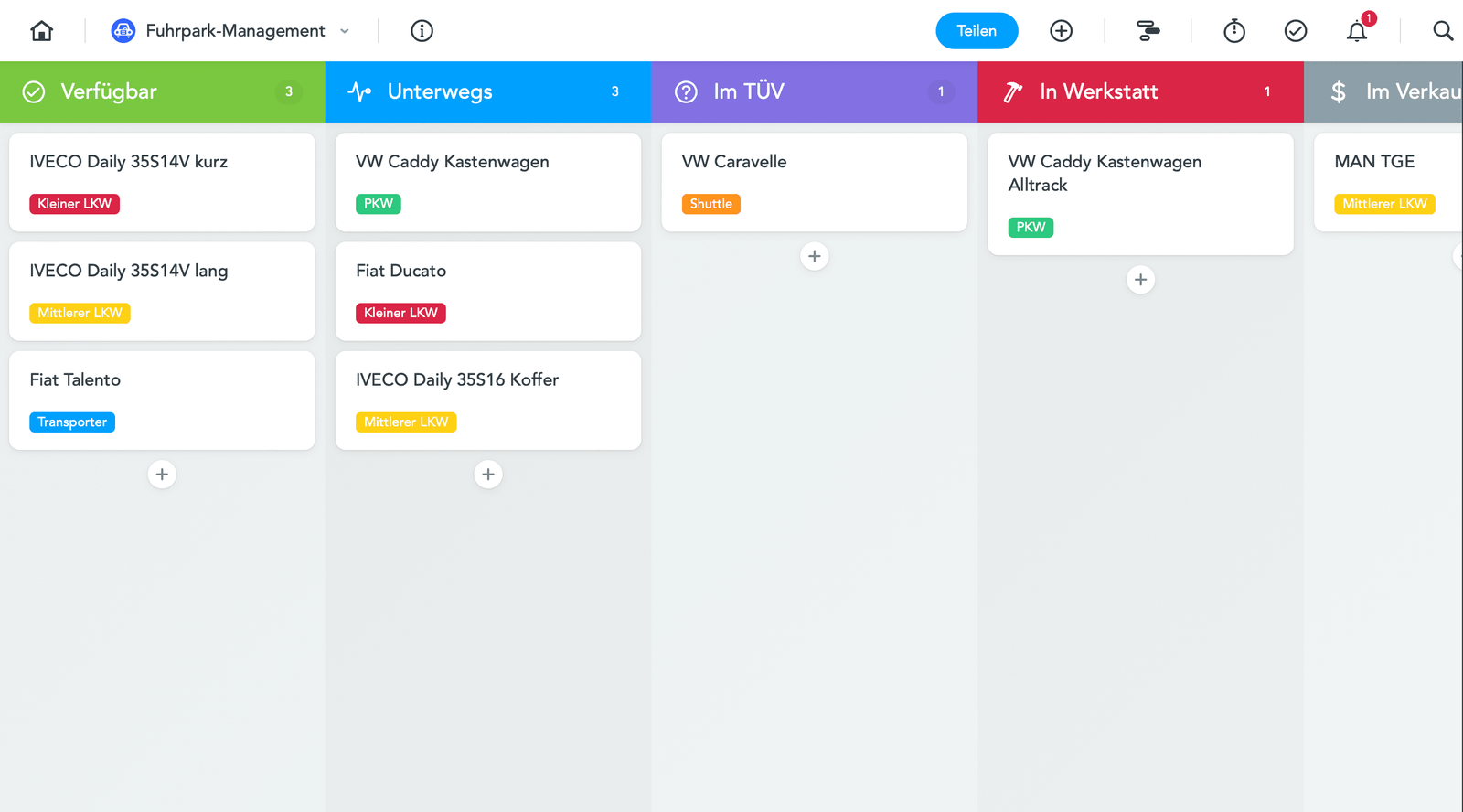 MeisterTask Struktur für einen kleinen Fuhrpark