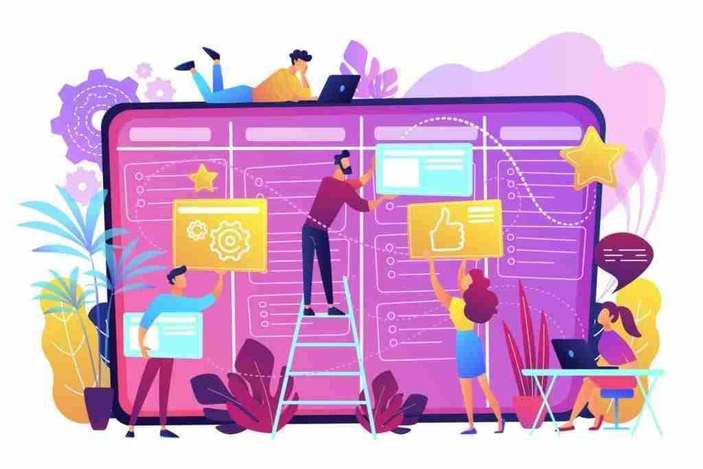 Team,Members,Moving,Cards,On,Large,Kanban,Board.,Teamwork,,Communication, | Professionelles Coaching in Düsseldorf – Bobach Coaching & Consulting Kanban Board Cartoon