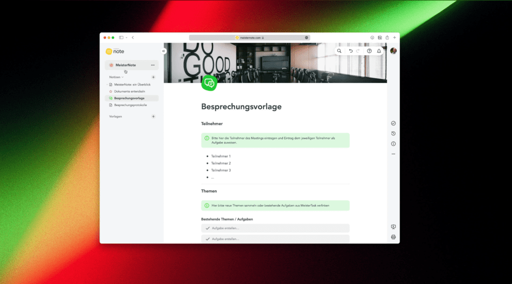 MeisterNote Interface Mac