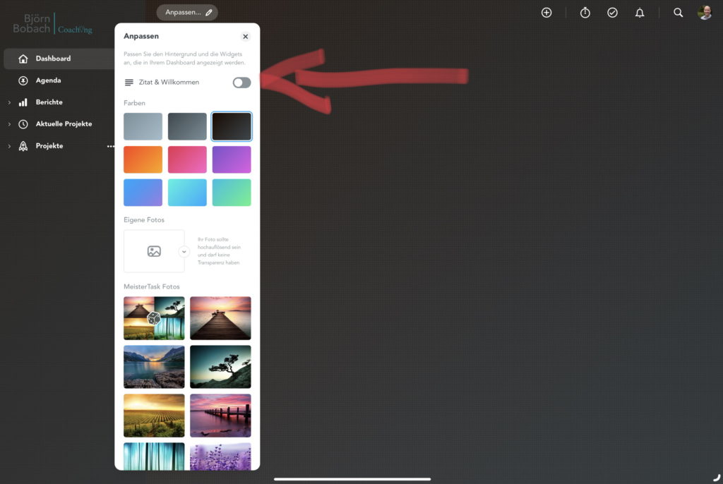 MeisterTask Dashboard Einstellungen Zitat und Willkommen Schalter