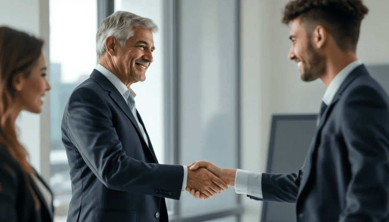 Ein Bild, das Wertschätzung in der Führung zeigt, indem ein Vorgesetzter einem Mitarbeiter Anerkennung zollt.