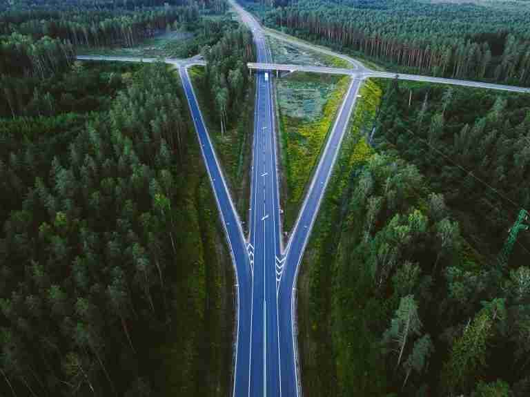 unsplash-community-_qAe1C1eKM0-unsplash | Professionelles Coaching in Düsseldorf – Bobach Coaching & Consulting Aerial view of a cloverleaf highway interchange cutting through dense evergreen forest.