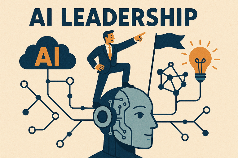Businessman in a suit stands on a robotic head, pointing forward, connected to a cloud labeled AI, network nodes, and a glowing light bulb—symbolizing AI leadership and innovation.