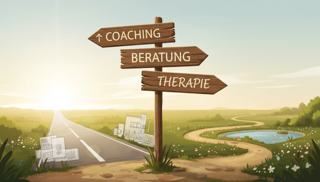 Wooden signpost with directions for Coaching, Beratung, and Therapie in a sunlit countryside setting.
