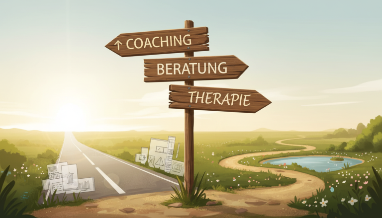 coaching-beratung-therapie-vergleich | Professionelles Coaching in Düsseldorf – Bobach Coaching & Consulting Wooden signpost with directions for Coaching, Beratung, and Therapie in a sunlit countryside setting.