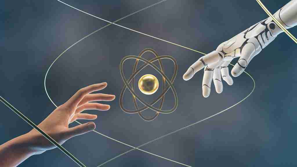 alex-shuper-a7tniT-zqak-unsplash | Professionelles Coaching in Düsseldorf – Bobach Coaching & Consulting Human hand reaching toward a robotic hand above an atom model, symbolizing collaboration between humans and AI/robotics.