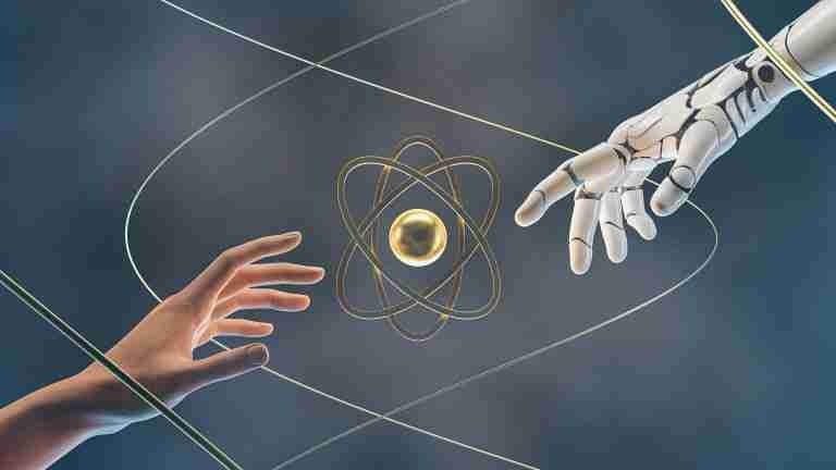 Human hand reaching toward a robotic hand above an atom model, symbolizing collaboration between humans and AI/robotics.