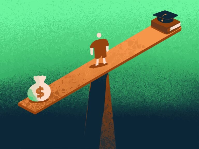 ardian-pranomo-FYzsUQNyuq0-unsplash | Professionelles Coaching in Düsseldorf – Bobach Coaching & Consulting Person walks along an orange plank toward a stack of books with a graduation cap on top, set against a green textured background.