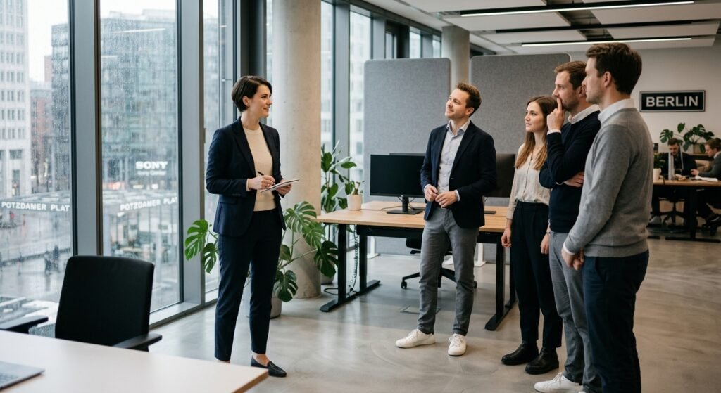 A professional office setting in a modern corporate environment in Germany, depicting the moment of leadership transition: a confident young professional standing slightly apart from a small group of former colleagues, their body language conveying calm authority mixed with approachability. The central figure holds a subtle air of responsibility, dressed in smart business casual attire, while the surrounding colleagues look toward them with a mix of respect and adjustment. The atmosphere is thoughtful and quietly tense, capturing the psychological shift of moving from peer to leader. Soft natural light filters through large office windows, muted and sophisticated color palette of grays, blues, and warm whites. Editorial-style photography aesthetic, clean composition, cinematic depth of field.