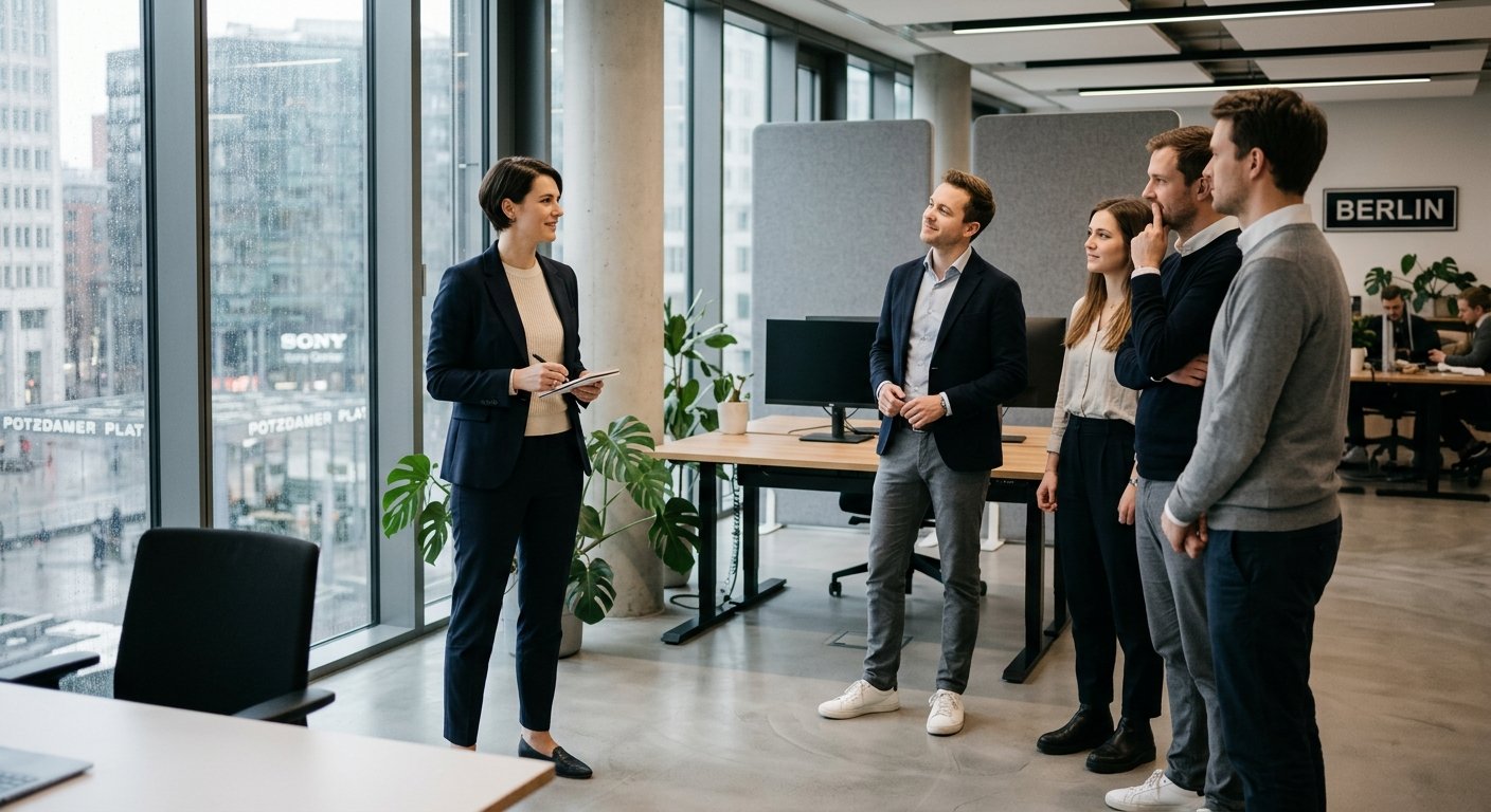 A professional office setting in a modern corporate environment in Germany, depicting the moment of leadership transition: a confident young professional standing slightly apart from a small group of former colleagues, their body language conveying calm authority mixed with approachability. The central figure holds a subtle air of responsibility, dressed in smart business casual attire, while the surrounding colleagues look toward them with a mix of respect and adjustment. The atmosphere is thoughtful and quietly tense, capturing the psychological shift of moving from peer to leader. Soft natural light filters through large office windows, muted and sophisticated color palette of grays, blues, and warm whites. Editorial-style photography aesthetic, clean composition, cinematic depth of field.