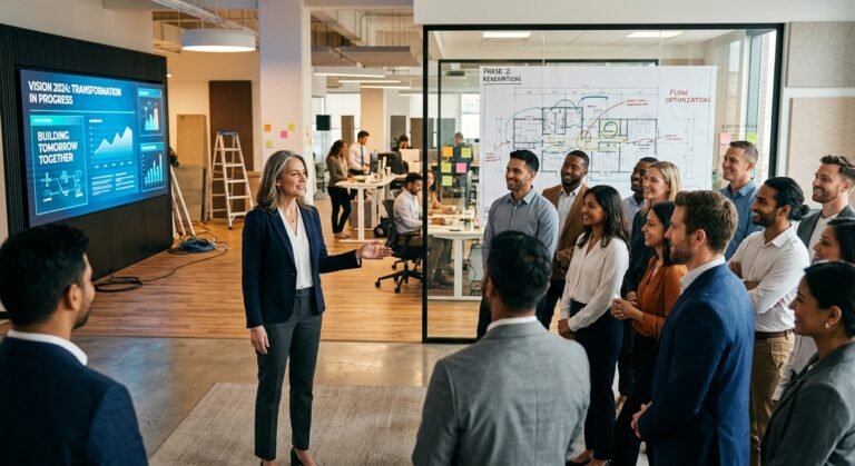 A confident business leader standing calmly at the front of a modern open-plan | Professionelles Coaching in Düsseldorf – Bobach Coaching & Consulting A confident business leader standing calmly at the front of a modern open-plan office, facing a diverse team of employees who look attentive and engaged. The leader holds a steady, grounded posture with one hand gently extended — a gesture of guidance and reassurance. Around the team, subtle visual metaphors of transformation are present: architectural blueprints partially overlaid on glass walls, a digital interface being updated on a large screen in the background, and some desks in transition. The atmosphere balances tension and trust — warm, focused lighting creates a sense of stability amid visible change. The color palette features deep blues, warm amber tones, and clean whites, evoking professionalism, clarity, and human connection. Editorial photography style, cinematic depth of field, high-resolution corporate setting.
