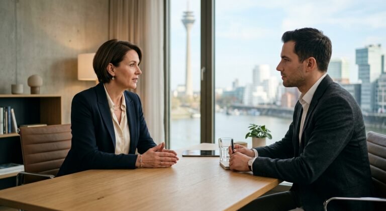 A professional business coaching scene depicting two people engaged in a serious but respectful face-to-face conversation across a minimalist office desk in Düsseldorf. One person, a confident business coach or manager in smart business attire, leans slightly forward with an open, composed posture, while the other listens attentively. The atmosphere is calm yet focused — tension present but constructive. Warm, neutral office tones with soft natural light from a large window in the background. The setting conveys clarity, professionalism, and emotional intelligence. Editorial photography style, shallow depth of field, cinematic lighting, realistic and authentic.