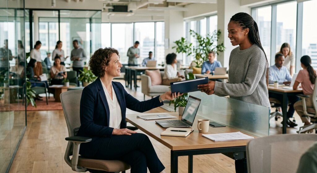 A professional business scene showing a confident leader at a modern office desk, calmly handing over a document or project folder to a capable team member, both engaged in a positive and trusting exchange. The leader appears relaxed and empowered rather than stressed, with a bright, open office environment in the background where other team members work independently and collaboratively. The atmosphere conveys trust, delegation, and effective leadership. Warm, natural lighting, clean and modern workspace aesthetic, editorial photography style, shallow depth of field, no text or logos visible.