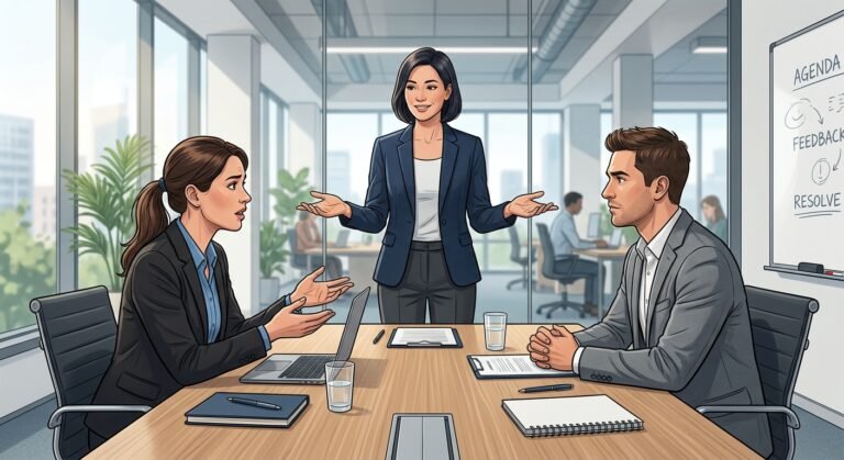 A professional editorial-style illustration depicting a modern workplace | Professionelles Coaching in Düsseldorf – Bobach Coaching & Consulting A professional editorial-style illustration depicting a modern workplace conflict resolution scene: two people sitting across from each other at a minimalist conference table, their body language tense but engaged, while a calm, composed leader figure stands slightly apart in a neutral position between them, gesturing openly with both hands. The setting is a bright, contemporary office with soft natural light. The mood conveys mediation, dialogue, and de-escalation rather than confrontation. The color palette uses cool blues and warm neutrals to suggest professionalism and balance. The composition emphasizes the three figures in a triangular dynamic, symbolizing the role of a leader navigating team tension. Clean, realistic style with depth and subtle shadows, suitable for a business coaching context.