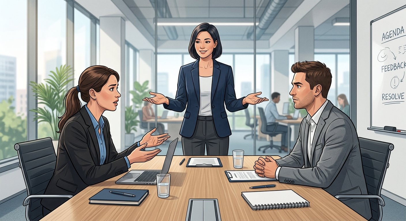 A professional editorial-style illustration depicting a modern workplace conflict resolution scene: two people sitting across from each other at a minimalist conference table, their body language tense but engaged, while a calm, composed leader figure stands slightly apart in a neutral position between them, gesturing openly with both hands. The setting is a bright, contemporary office with soft natural light. The mood conveys mediation, dialogue, and de-escalation rather than confrontation. The color palette uses cool blues and warm neutrals to suggest professionalism and balance. The composition emphasizes the three figures in a triangular dynamic, symbolizing the role of a leader navigating team tension. Clean, realistic style with depth and subtle shadows, suitable for a business coaching context.