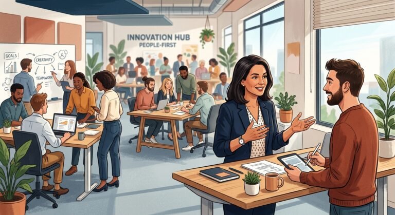 A thoughtful editorial-style illustration of a modern office environment where a leader and team members are engaged in genuine, energized collaboration. In the foreground, a confident manager speaks directly and warmly with an employee at a standing desk, making eye contact and gesturing expressively — conveying trust and recognition. In the background, small groups of professionals work autonomously on creative tasks, visibly focused and engaged. The atmosphere feels open, purposeful, and human — no rigid cubicles, no surveillance. Warm, natural light fills the space. The color palette uses deep blues, warm ambers, and soft whites to evoke clarity, purpose, and inner drive. The overall mood contrasts organic human motivation with the cold, transactional feel of bonus-driven workplaces — conveying that true motivation comes from within, nurtured by meaningful leadership. Clean, modern, editorial photography style with a slightly cinematic depth of field.