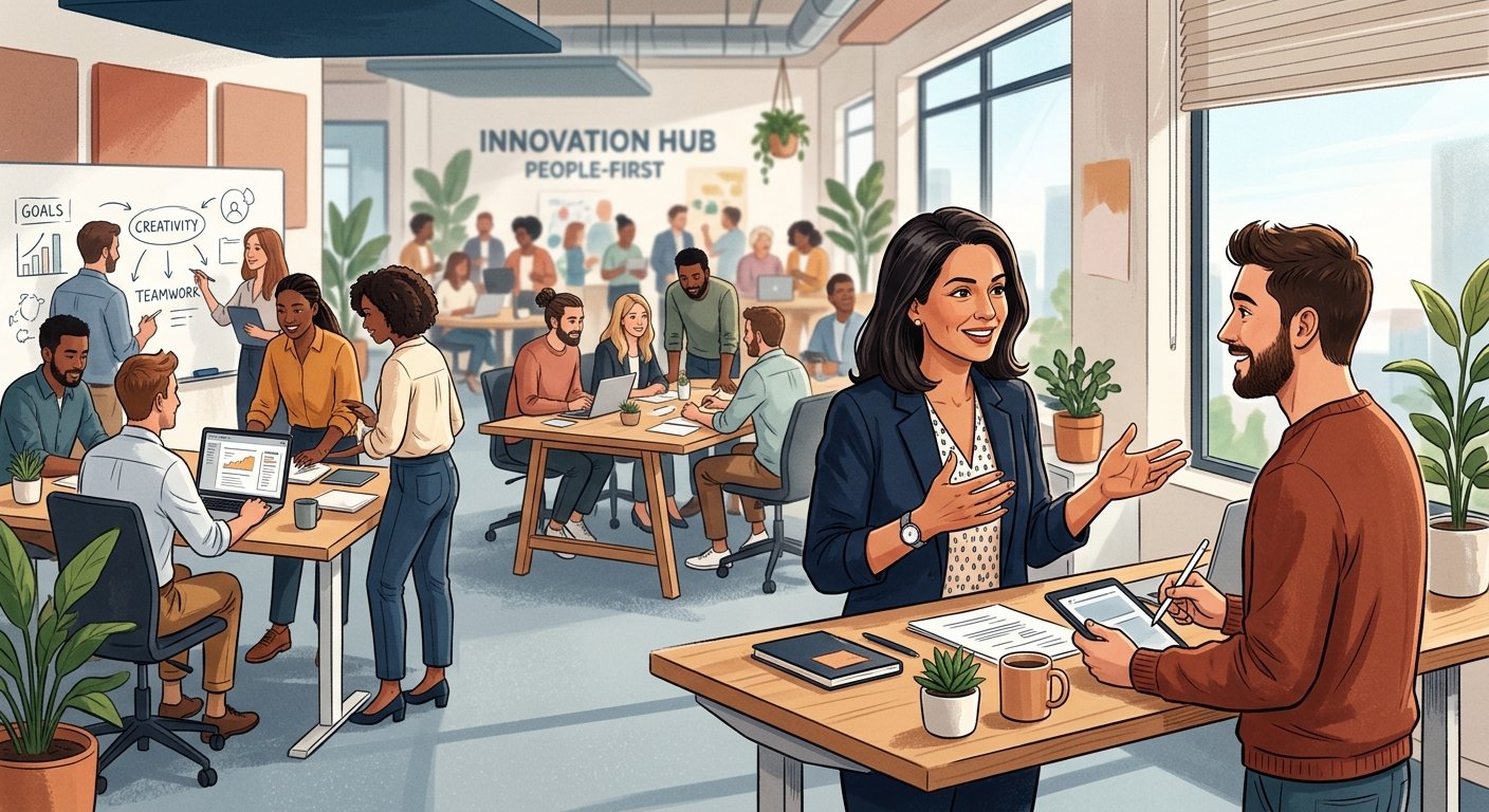 A thoughtful editorial-style illustration of a modern office environment where a leader and team members are engaged in genuine, energized collaboration. In the foreground, a confident manager speaks directly and warmly with an employee at a standing desk, making eye contact and gesturing expressively — conveying trust and recognition. In the background, small groups of professionals work autonomously on creative tasks, visibly focused and engaged. The atmosphere feels open, purposeful, and human — no rigid cubicles, no surveillance. Warm, natural light fills the space. The color palette uses deep blues, warm ambers, and soft whites to evoke clarity, purpose, and inner drive. The overall mood contrasts organic human motivation with the cold, transactional feel of bonus-driven workplaces — conveying that true motivation comes from within, nurtured by meaningful leadership. Clean, modern, editorial photography style with a slightly cinematic depth of field.